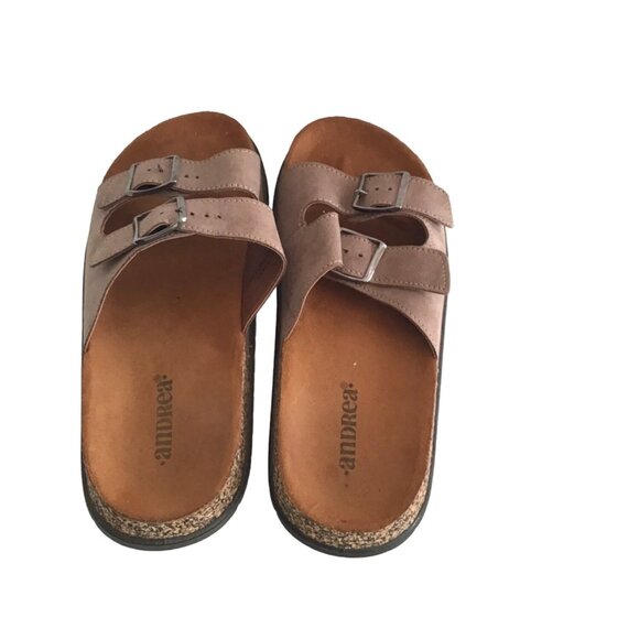 ANDREA - WOMENS TAN DOUBLE BUCKLE CLOSURE SLIP-ON SANDALS SIZE 9 - Picture 5 of 8